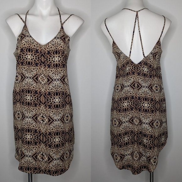 ASTR brown tan blue kaleidoscope cheetah animal print strappy mini dress S - Picture 1 of 9